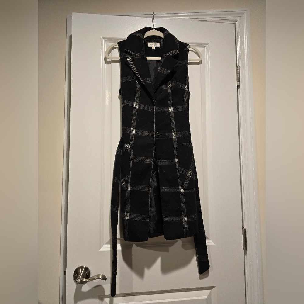 Black Plaid Sleeveless Long Vest/cardigan